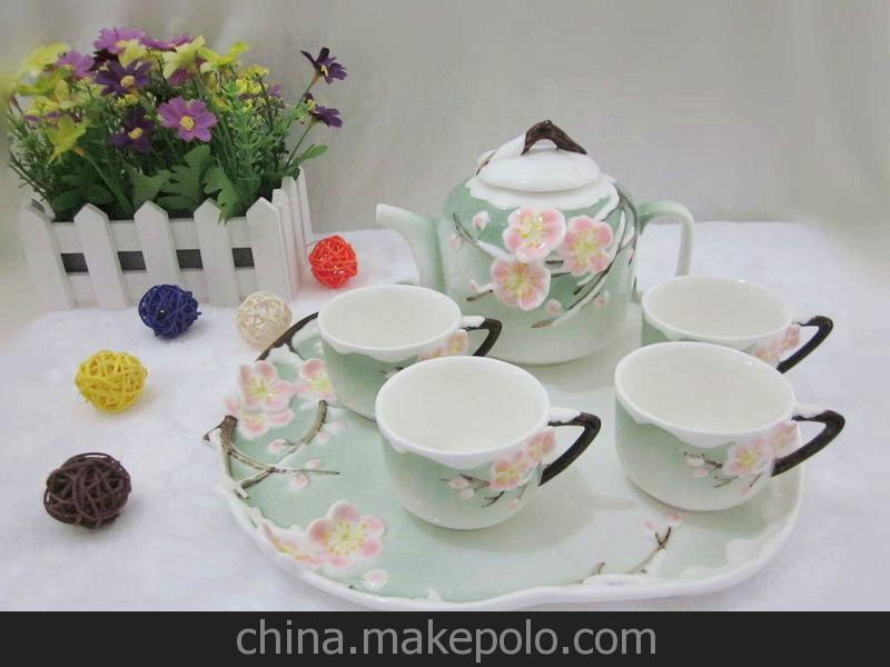 琺瑯瓷 一品梅6頭茶具傳世精品 高級骨瓷工藝品佳作