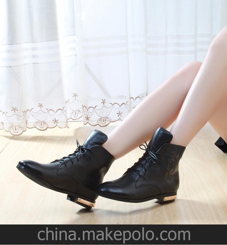 真皮女靴廠家 骷髏頭氣質尖頭女短靴