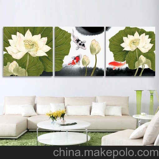 樂(lè )彩精準印花3D十字繡錦鯉戲荷三聯(lián)畫(huà)十字繡新款客廳系列荷花大幅圖片
